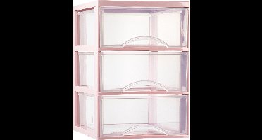Plasticforte Ladeblokje/bureau organizer met 3x lades - transparant/roze - L26 x B36 x H37 cm