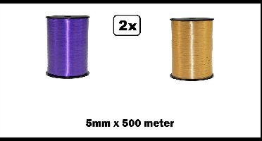 2x Krullint paars en goud 5mm x 500meter - krul lint kerst thema feest decoratie kado kado gold verjaardag