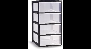 Plasticforte Ladeblokje/bureau organizer met 4x lades - transparant/zwart - L26 x B37 x H49 cm