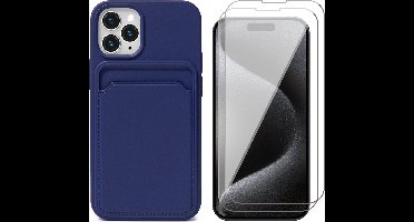Hoesje Pasjeshouder geschikt voor iPhone 15 Pro Max - 2x Screenprotector GlassGuard - Siliconen Case Back Cover Blauw & Screen Protector