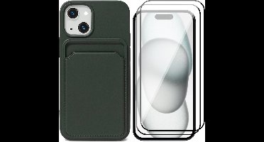 Hoesje Pasjeshouder geschikt voor iPhone 15 - 2x Screenprotector FullGuard - Siliconen Case Back Cover Groen & Screen Protector
