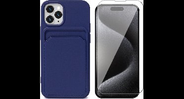 Hoesje Pasjeshouder geschikt voor iPhone 15 Pro - Screenprotector GlassGuard - Siliconen Case Back Cover Blauw & Screen Protector