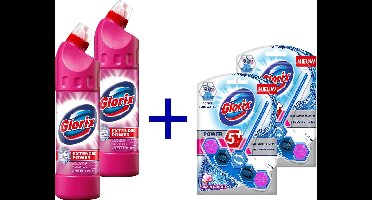 Glorix Pink Power Bleek 2x750ml + 2x WC blokjes Pink Magnolia - WC reiniger en WC blokjes