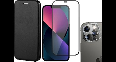 Hoesje geschikt voor iPhone 13 Pro - Portemonnee Book Case - Zwart - Met Full Screenprotector en Camera Screen Protector