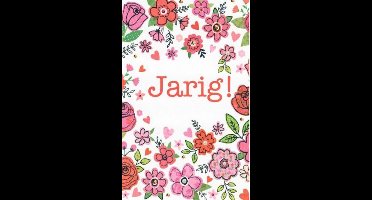 Jarig! Van harte gefeliciteerd! Een bijzondere wenskaart met diverse soorten bloemen in allerlei kleuren. Een dubbele wenskaart inclusief envelop en in folie verpakt.