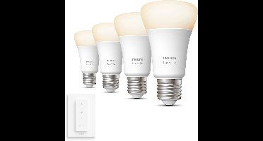 Philips Hue Uitbreidingspakket - E27 - met 4 Standaard Lampen - Warmwit Licht - Incl. 1 Hue Dimmer Switch - Hue White