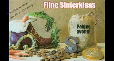 Sinterklaas kapoentje gooi wat in mijn schoentje! Pakjesavond! Fijne Sinterklaas! Een wenskaart met allerlei snoepgoed, een schoen en nog meer. Een dubbele wenskaart inclusief envelop en in folie verpakt.