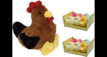 Decoris Pluche bruine kippen knuffel - 25 cm - met 12x stuks mini kuikentjes 4 cm - Paas/pasen decoratie