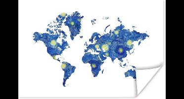 Poster Wereldkaart - Van Gogh - Sterrennacht - 30x20 cm