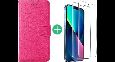 Hoesje Geschikt voor iPhone 13 Mini bookcase met 2 Pack Screenprotector gehard glas – Pink