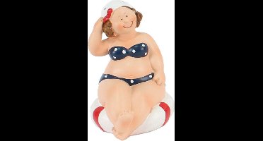Home decoratie beeldje dikke dame - zittend - blauw badpak - 10 cm