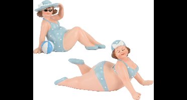 Woonkamer decoratie beeldjes set 2 dikke dames - blauw badpak - 17 cm