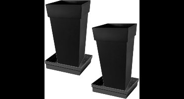 Set van 2x stuks bloempotten Toscane vierkant kunststof antraciet 43 x 43 x 80 cm inclusief onderschalen - Bloempot set