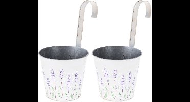 2x stuks bloempotten/plantenbakken zinken emmer met ophanghaak creme wit met lavendel 14x13x26 cm - Balkon/schutting plantenpot
