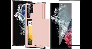 Hoesje met Pasjeshouder geschikt voor Samsung Galaxy S22 Ultra - Screen Protector GlassGuard - Back Cover SlideCase Roségoud & Screenprotector