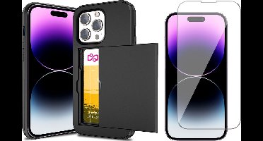 Hoesje met Pasjeshouder geschikt voor iPhone 14 Pro - Screen Protector GlassGuard - Back Cover SlideCase Zwart & Screenprotector