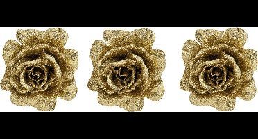 6x stuks decoratie bloemen roos goud glitter op clip 10 cm - Decoratiebloemen/kerstboomversiering/kerstversiering