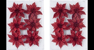 Cosy & Trendy Decoratie bloemen - rozen - 18x - rood glitter - op ijzerdraad - 8 cm - Decoratiebloemen / kerstboomversiering/kerstversiering