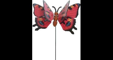 Metalen vlinder rood 17 x 60 cm op steker - Tuindecoratie vlinders - Dierenbeelden