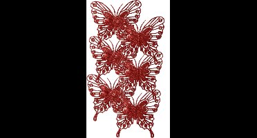 Decoris kerstboom decoratie vlinders op clip - 6x - rood - 13 cm