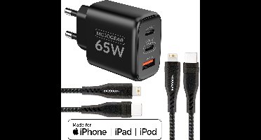 MOJOGEAR CHARGE+ 65W snellader met 2x Lightning naar USB-C kabel - Geschikt voor snelladen iPhone 11/12/13/14 met USB Power Delivery