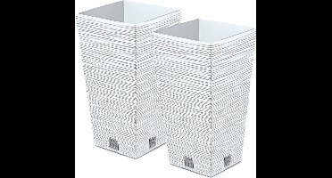 Prosperplast Plantenpot/bloempot Furu Stripes - 2x - voor buiten - kunststof - wit - vierkant - D20 x H38 cm