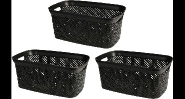 Storage Solutions Wasmand van rotan gevlochten - 3x - zwart - kunststof - 35 liter - 35 x 53 x 23 cm
