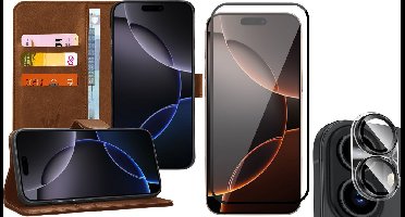 Hoesje geschikt voor iPhone 16 - Screenprotector Volledig Dekkend Glas & Camera - Portemonnee Book Case Bruin