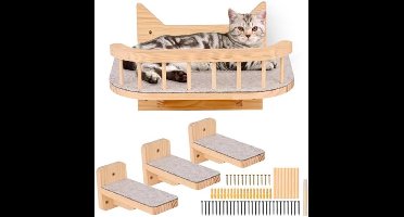 Muurbevestigde Kattenhangmat Kattenmuurplanken met 3 treden, Kattenplanken en zitstokken voor aan de muur, Kattenmuurmeubels met pluche bekleed, Kattenklimplank, Krabpaal voor klimmen slapen spelen