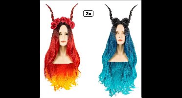 2x Diadeem met hoorns en bloem rood en zwart - Halloween heks horror festival griezel thema