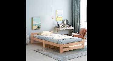 Gutent Massief Houten bed, Eenpersoons, met Hoofdbord en Lattenbodem, Natuurlijke Kleur, 200x90 cm (Zonder matras), futonbed, massief houten bed naturel