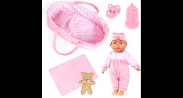 Bayer Design Babypop, zacht lichaam, 28 cm, poppendraagtas, deken, kussen, fopspeen, fles, teddybeer