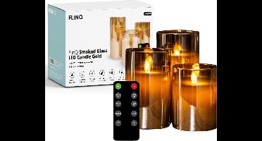 FlinQ LED Kaarsen met Bewegende Vlam in Smoked Glass - Inclusief Afstandsbediening met Timer en Dimfunctie - Nep Kaarsen met Flikkerende Vlam - Dinerkaarsen - 3 stuks - Goud