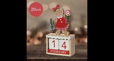 Houten Kerst adventskalender met gingerbread vrouwtje en witte blokken - 20 cm