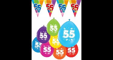 Feestpakket 55 jaar / 8 ballonnen en 1 vlaggenlijn 10 meter - Versiering Slinger Feestdecoratie Decoratie Verjaardag Jubileum Ballon Feest