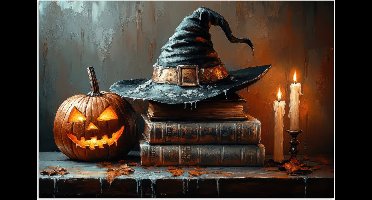 Poster 30x20 cm - Halloween - Stilleven - Heksenhoed - Pompoen - Heks - Posters - Kamer decoratie - Wanddecoratie woonkamer - Muurdecoratie slaapkamer