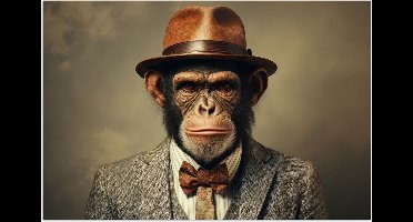 Poster 30x20 cm - Vintage - Aap - Hoed - Pak - Grijs - Dieren - Chimpansee - Posters - Kamer decoratie - Wanddecoratie woonkamer - Muurdecoratie slaapkamer