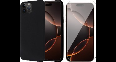 Hoesje geschikt voor iPhone 16 Pro Max - Screenprotector Glas - Matte Case Zwart met Fluweelzachte Binnenzijde