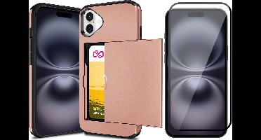 Hoesje met Pasjeshouder geschikt voor iPhone 16 Plus - Screen Protector FullGuard - Back Cover SlideCase Roségoud & Screenprotector