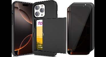 Hoesje met Pasjeshouder geschikt voor iPhone 16 Pro Max - 2x Privacy Screen Protector FullGuard - Back Cover SlideCase Zwart & Screenprotector