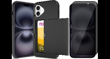 Hoesje met Pasjeshouder geschikt voor iPhone 16 - Privacy Screen Protector FullGuard - Back Cover SlideCase Zwart & Screenprotector
