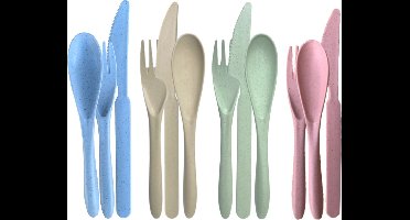 green-goose® Bio-based Bestek - 4 Sets - Blauw, Groen, Crème, Roze - Duurzaam Bioplastic Bestek voor School, Picknick, Vakantie, Camping - Vaatwasserbestendig - 100% biologisch afbreekbaar tarwegras - BPA-vrij