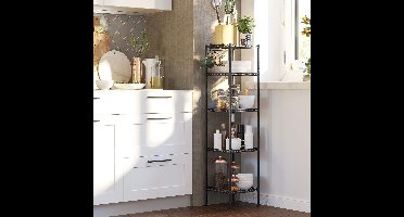 FurnStar - Opbergrek - Metalen opbergrek - Totaal draagvermogen 100 kg - met 5 PP-platen - Afneembare haken - 30 x 30 x 123,5 cm - Uitbreidbaar ontwerp voor kleine ruimte - Zwart