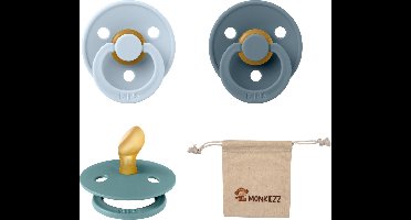 Bibs Dental fopspenen Anatomical 0-6 maanden- Set 3 stuks- Baby Blue, Petrol, Island Sea + Monkiezz speenzakje - orthodontisch- Anatomisch- Maat 1
