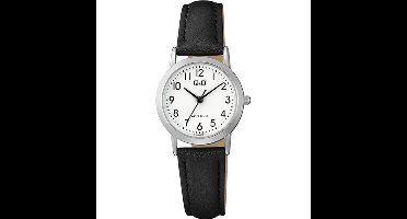 Q&Q C40A-009PY - Horloge - Polshorloge - Analoog - Dames - Vrouwen - Leren band - Rond - Metaal - Cijfers - Zwart - Zilverkleurig - Wit