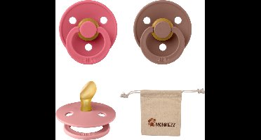 Bibs Dental fopspenen Anatomical 0-6 maanden- Set 3 stuks- Coral, Dusty Pink, Woodchuck + Monkiezz speenzakje - orthodontisch- Anatomisch- Maat 1