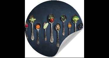 WallCircle® - Behangcirkel 30x30 cm - Muurstickers Kruiden - Lepel - Zilver - Specerijen - Industrieel - Muurcirkel keuken - Wanddecoratie accessoires - Zelfklevend schilderij - Wandcirkel decoratie