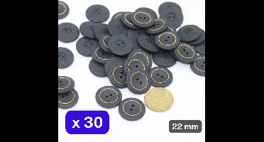 30 Stuks Matte COMBINATIE NYLON KNOPEN, Maat 22mm, met 2 Gaatjes, Kleur ZWART + GOUD