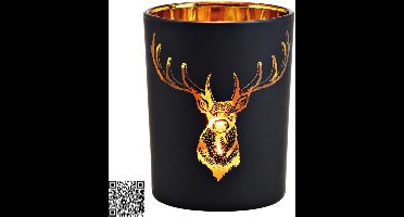 Lantaarn hert decor van glas zwart, goud - Medium - 10x12x10cm