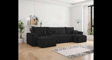 U-bank met opbergruimte Frenkie - Zwart - Ribstof Velvet - Slaapbank met opbergruimte - Zetel - Slaapbank - U-zetel - Zetel met slaapgedeelte - 4 zits